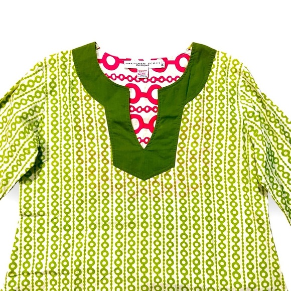Gretchen Scott Tunic Split Neck Blouse Green White Geo Print Preppy Medium - Picture 4 of 9